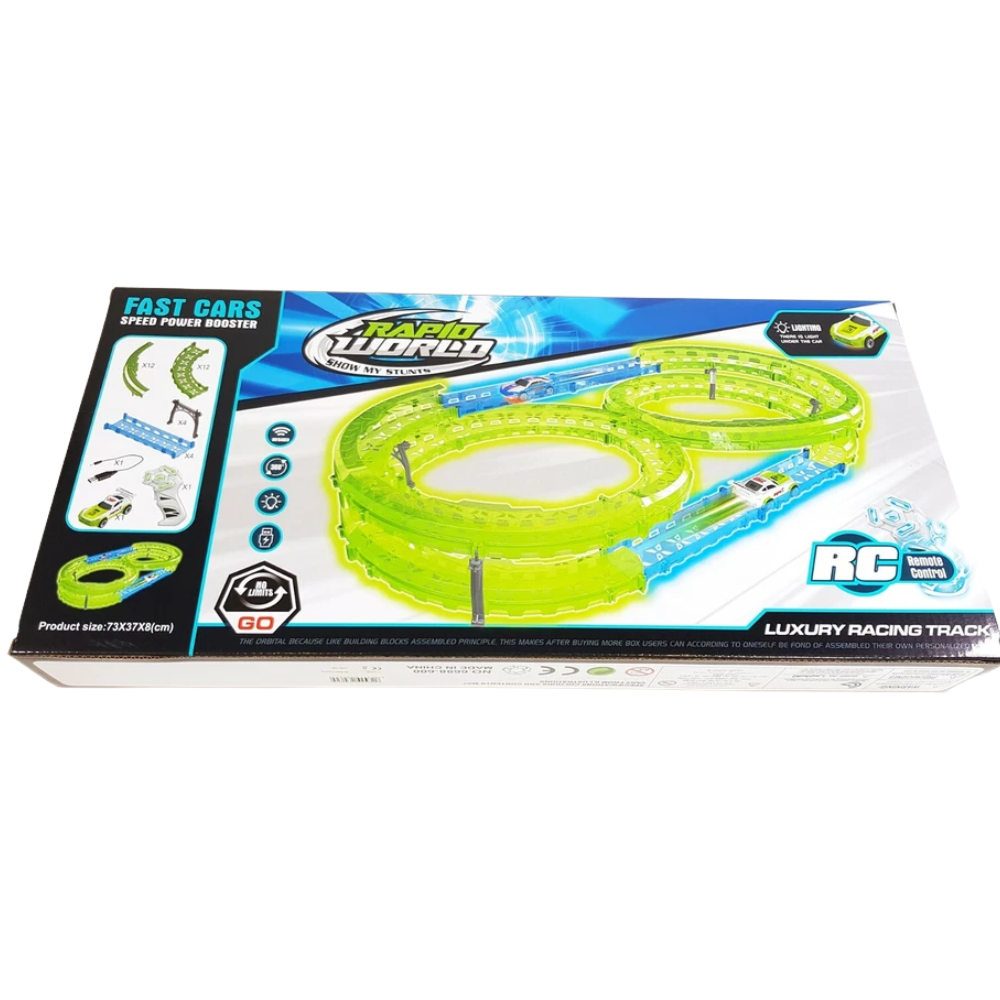 Glow in the Dark Multi-Level Race Track Set 35 Pcs Rc Remote Control Car for Kids Toy Game