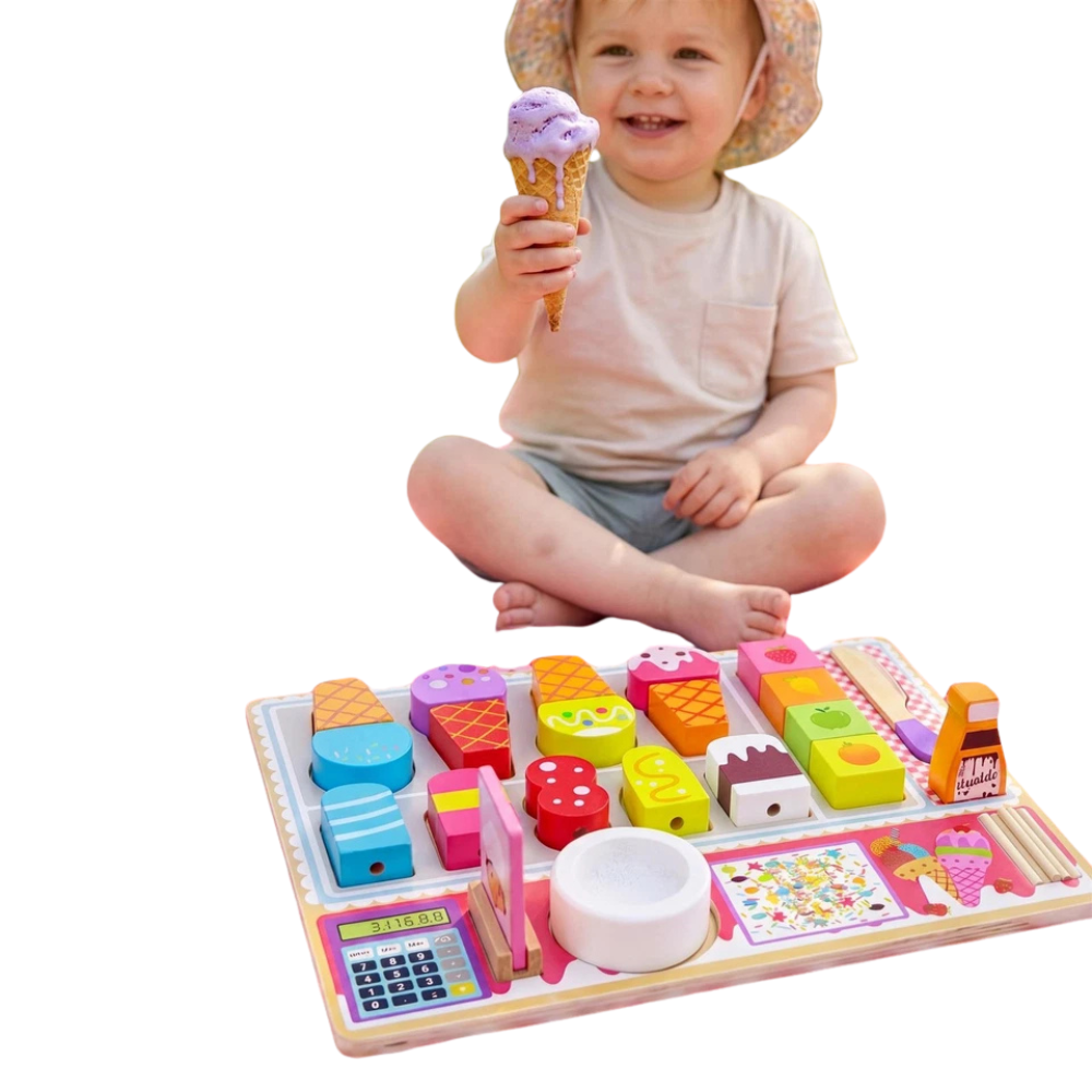 Kids Wooden Ice Cream Shop Set Toy Pretend Play Cafe Kitchen Set Cones Popsicles Fruits