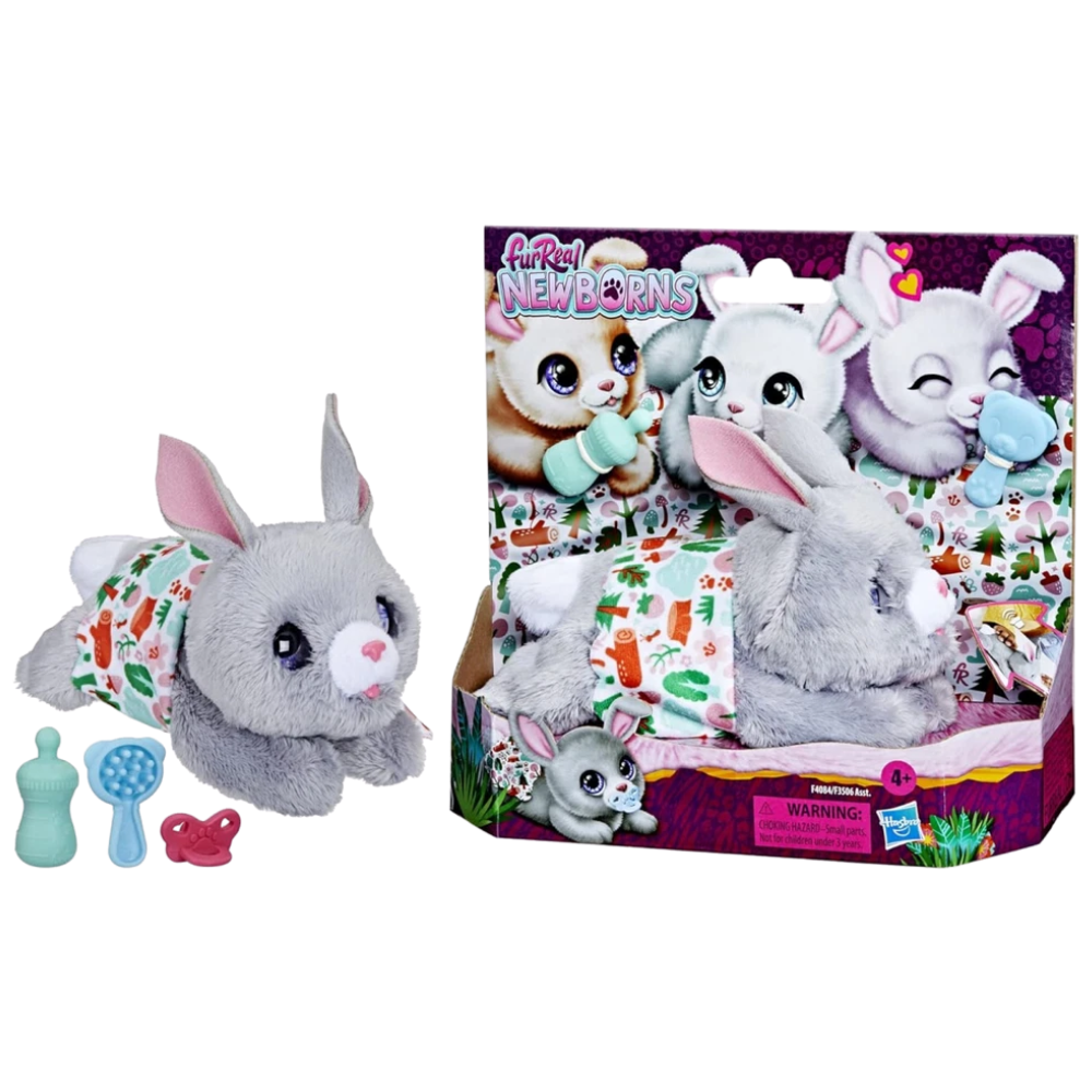 Furreal Newborns Grey Bunny Plush Toy with 4 Accessories Kids Interactive Pet Toy Gift Set