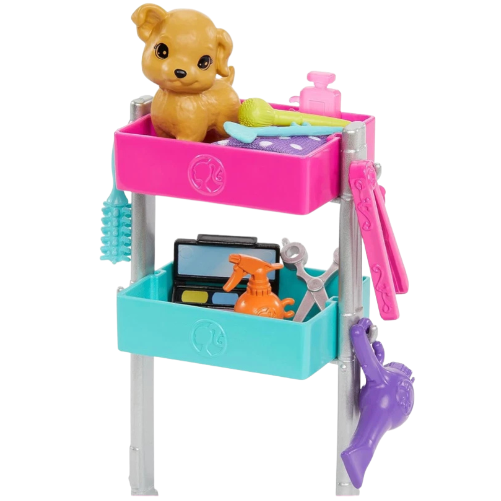 Barbie Malibu Pet Stylist Doll with Puppy Cart and 14 Accessories Playset Kids Role Play Gift
