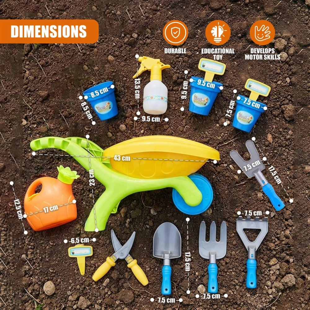 Kids Garden Tool Set with Wheelbarrow 14pc Toy Watering Can Spade Outdoor Beach Fun