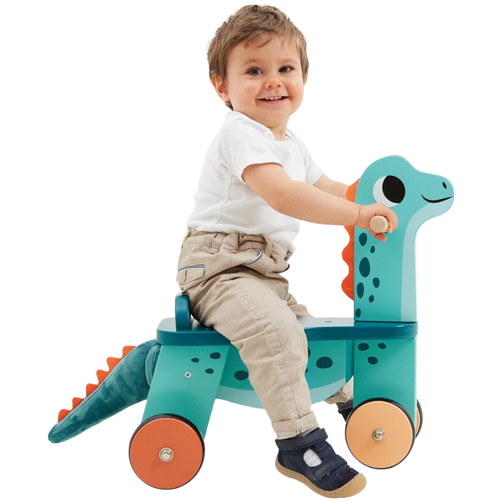 Janod Dino Portosaurus Wooden Ride-On Toy for Toddlers 12 Months+, 4-Wheel Dinosaur