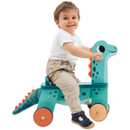 Janod Dino Portosaurus Wooden Ride-On Toy for Toddlers 12 Months+, 4-Wheel Dinosaur