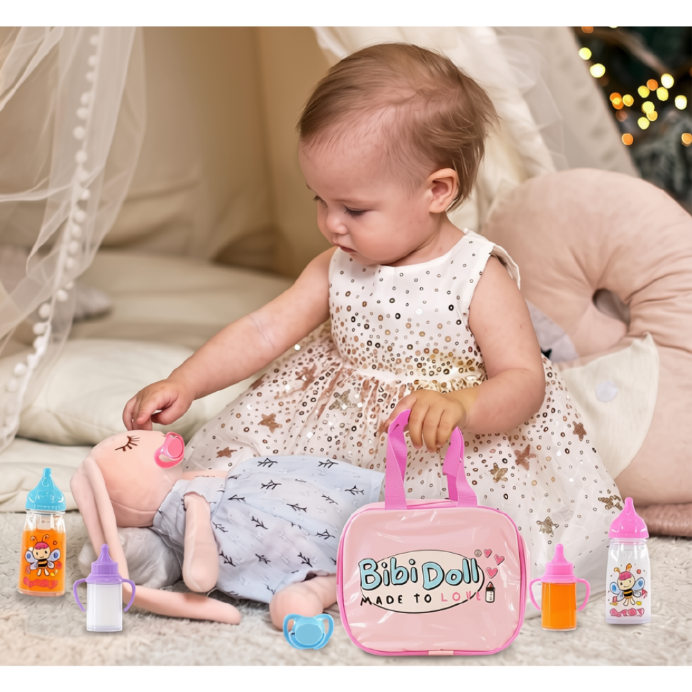 BiBi Doll 7-in-1 Baby Doll Accessories Set Magic Milk Juice Bottles Dummies Carry Bag