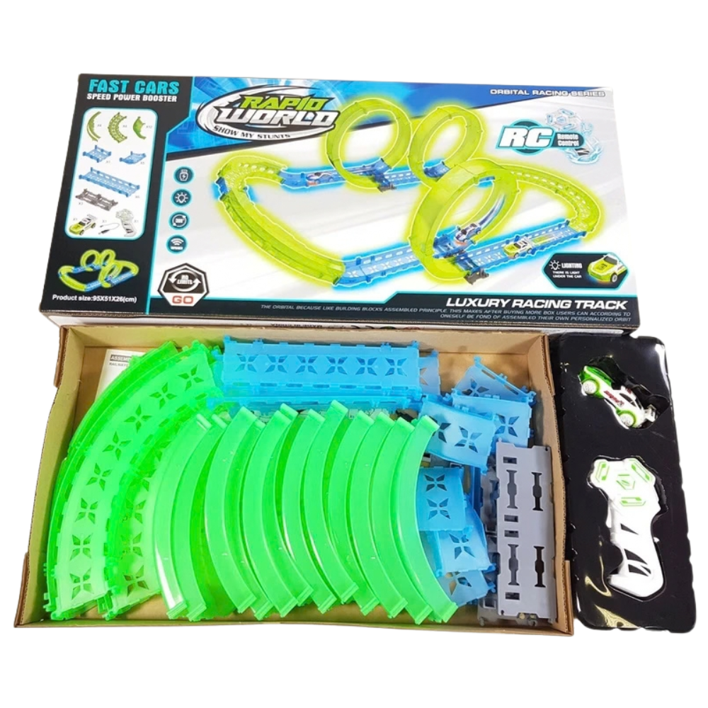 Glow in the Dark Slot Car Race Track Set 38pcs 3 Loops RC Car Stunt Racing Kids 6+