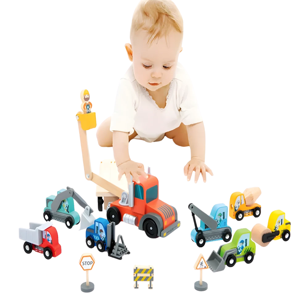 RLS 14-Piece Wooden Construction Vehicle Toy Set with Transport Truck, Digger and Road Signs