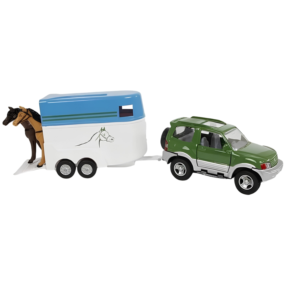 Mitsubishi Pajero Diecast Car Toy with Horse Trailer and 2 Horses Pull Back 1:32