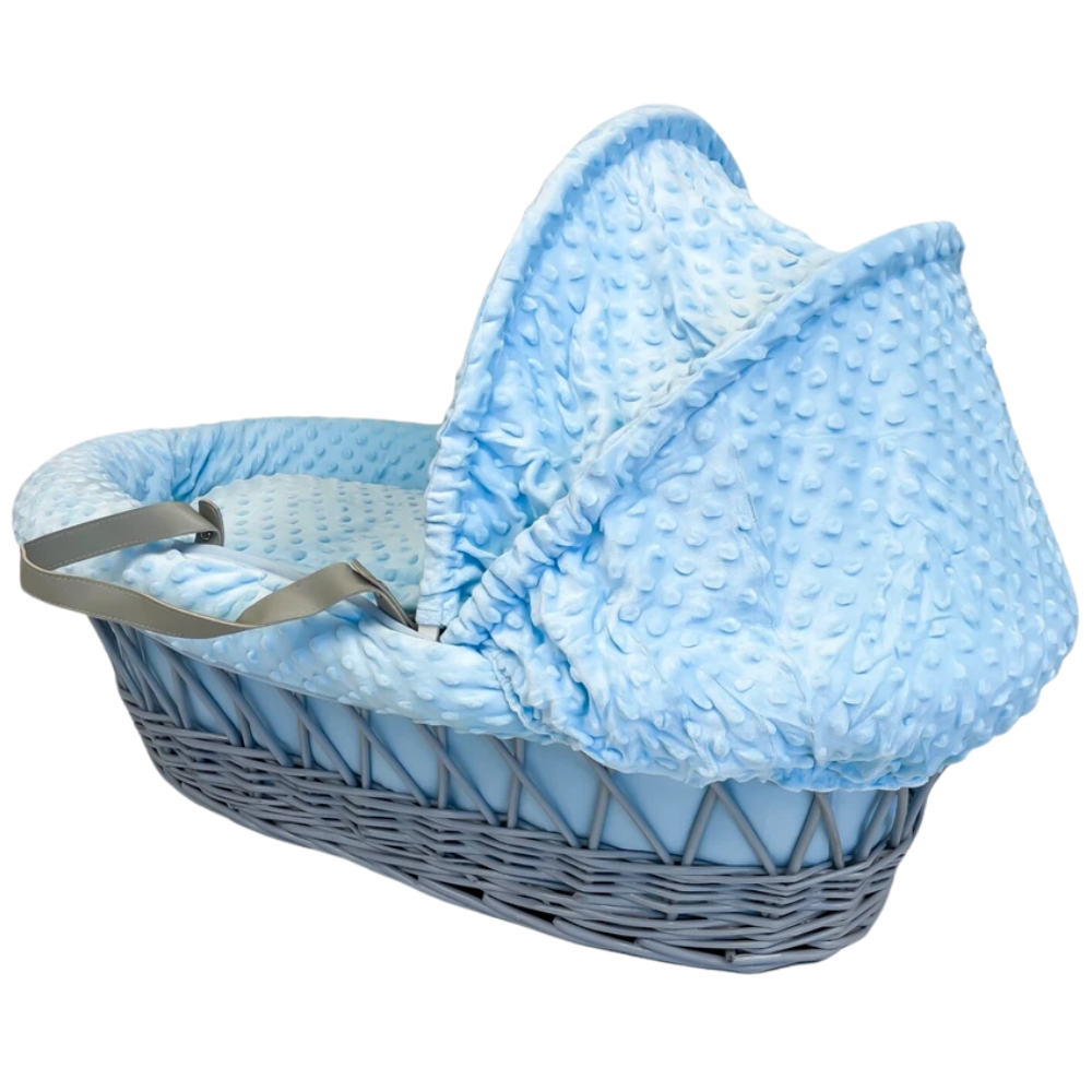 Luxury Wicker Moses Basket Baby Full Set Padded Liner Mattress & Hood Dimple Bedding Grey & Blue