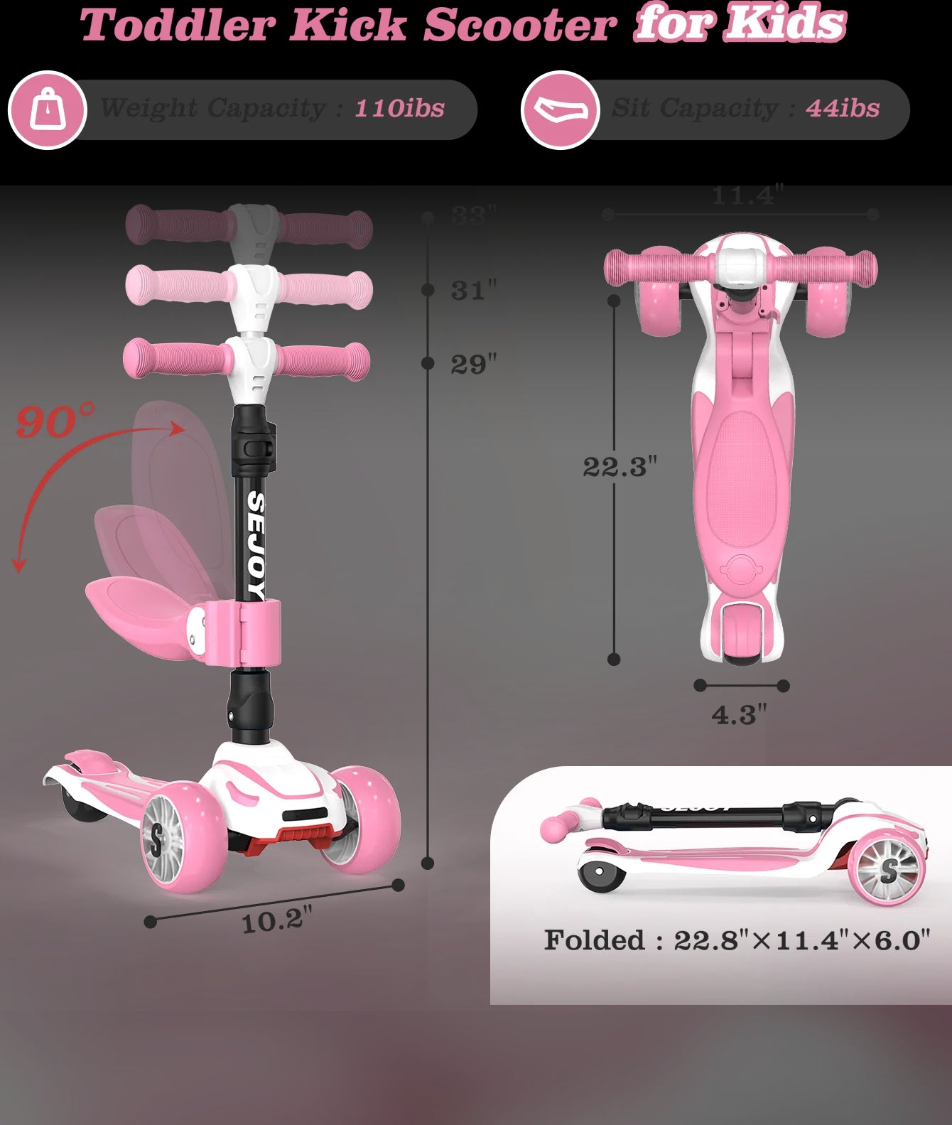 Kids Kick Scooter with 3 Light-Up Wheels Adjustable Height Toddler Toy Gift