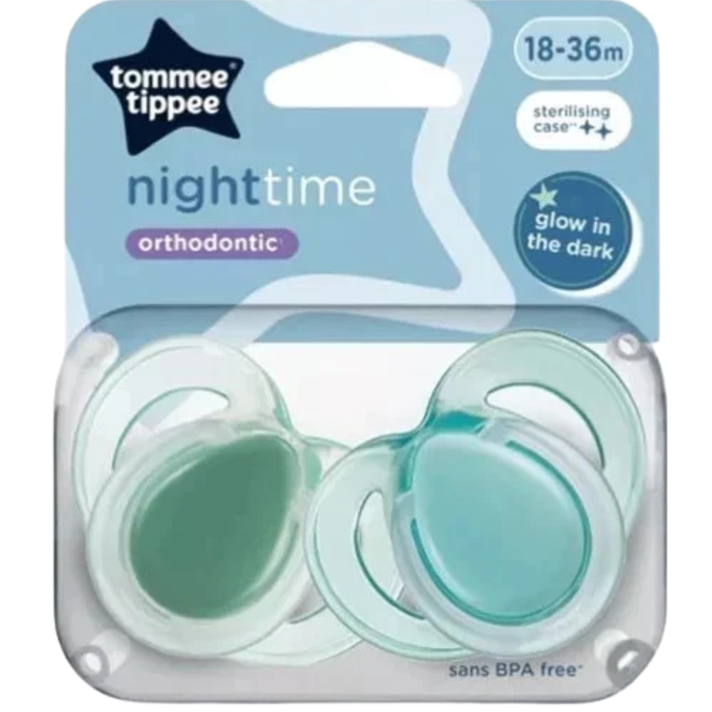 Tommee Tippee 6-Pack Night Glow Soothers 18 Months+, Orthodontic Silicone Dummies with Steriliser