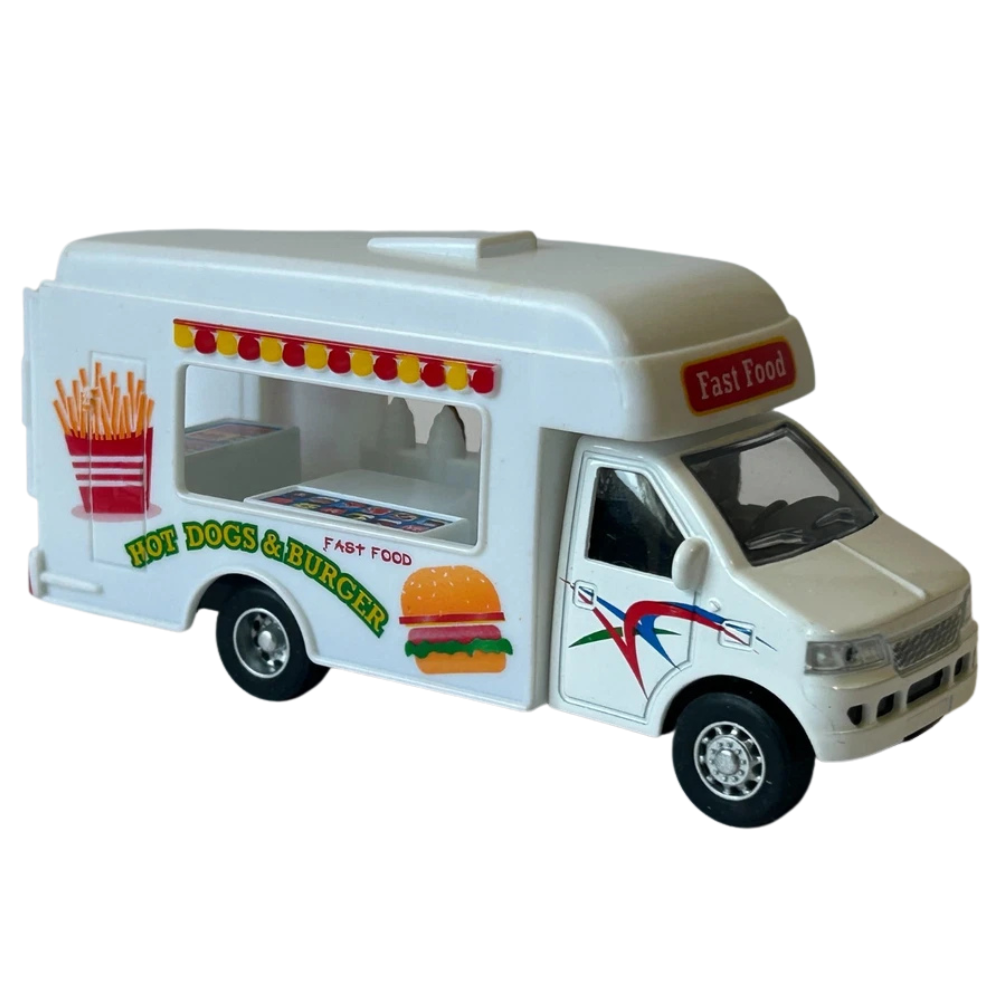 Diecast Dining Car Food Truck Toy with Hot Dogs & Burger Pull-Back Action Model 1:38–1:43