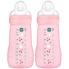 MAM Easy Active Baby Bottles 270ml Twin Pack, SkinSoft Medium Flow Teat, Blue or Pink