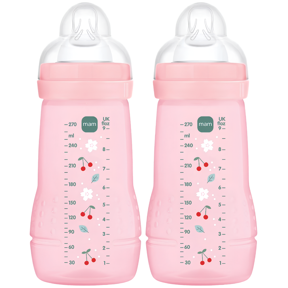 MAM Easy Active Baby Bottles 270ml Twin Pack, SkinSoft Medium Flow Teat, Blue or Pink