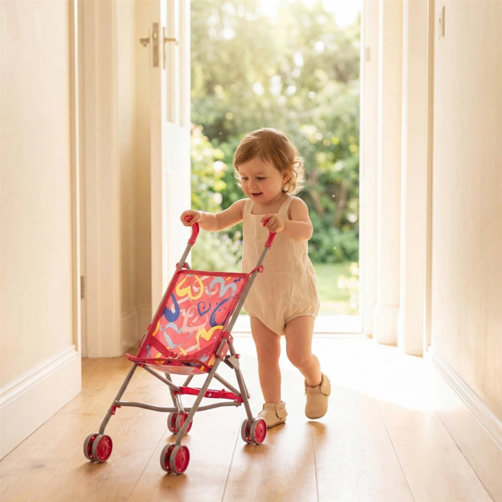 Foldable Pink Baby Doll Stroller Buggy Pram Jogger with Accessories Toy for Kids Roleplay
