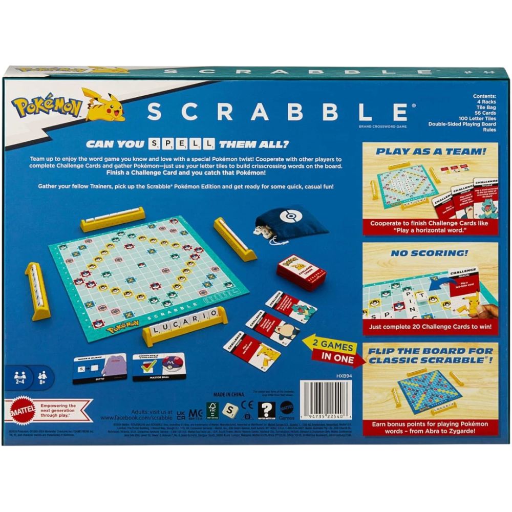 Scrabble Pokémon Word Board Game with 50 Challenge Cards Mattel Family Game Ages 8+
