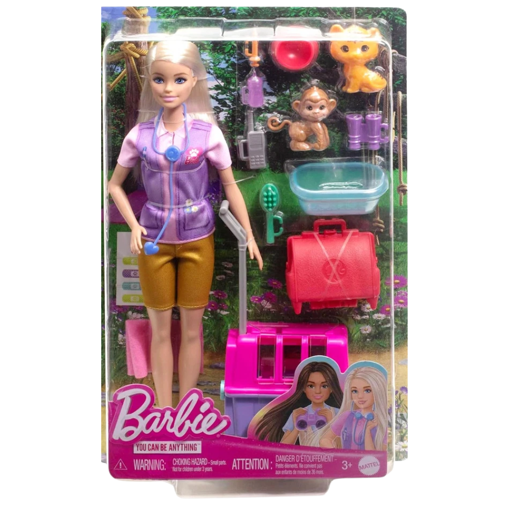 Barbie Careers Animal Rescue Vet Doll Playset Blonde Doll Pet Tiger Monkey 12 Accessories 3+