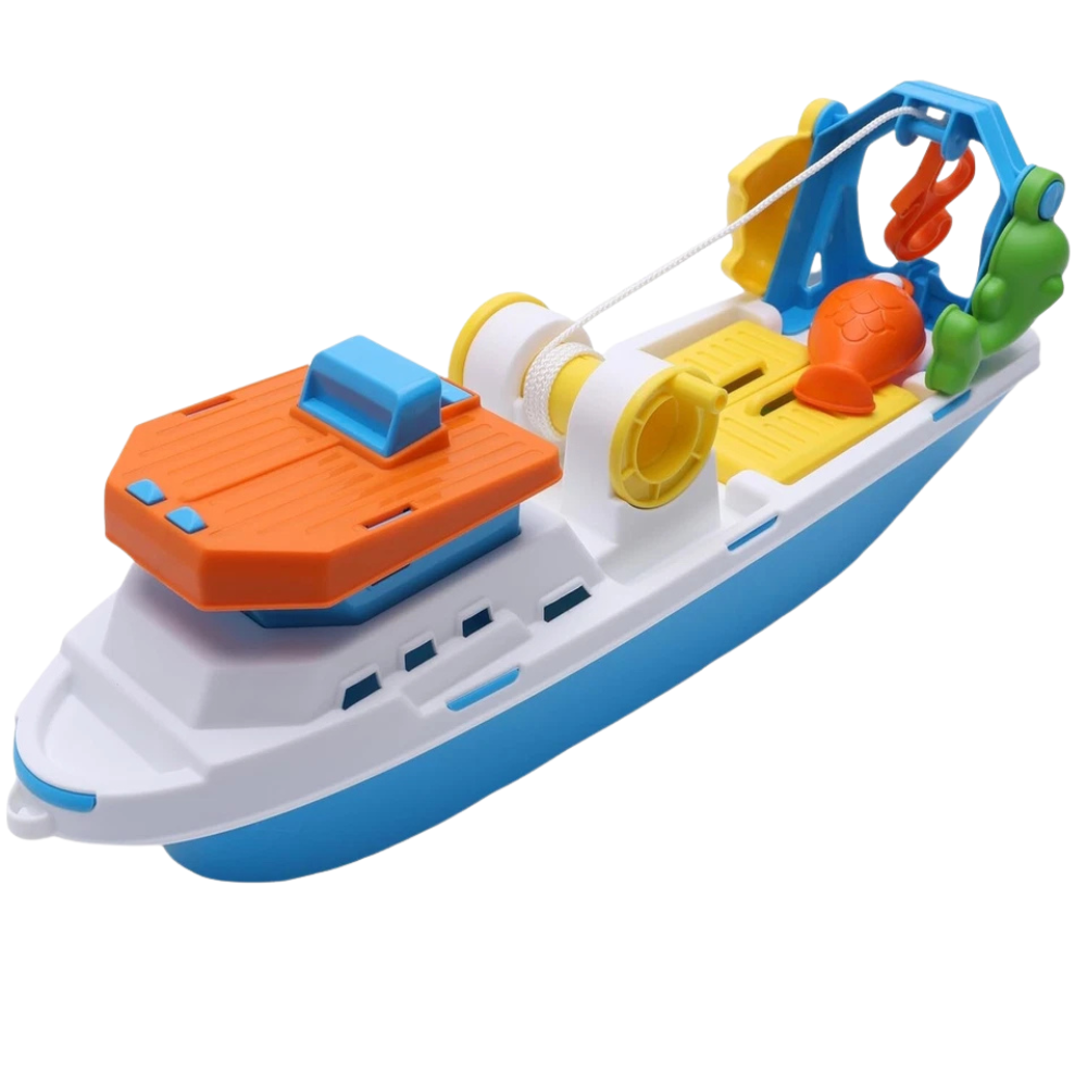 Toyland 40cm Colourful Fishing Boat Bath Water Toy with 4 Fish, Hook & Moving Doors Wheels