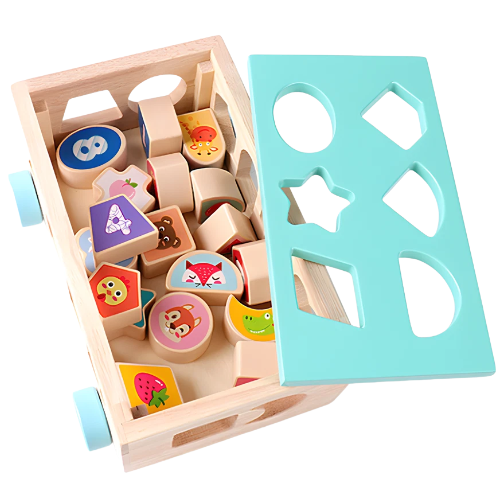 Wooden Pull-Along Matching Car Toy with 18-Hole Intelligence Box, Early Learning Game