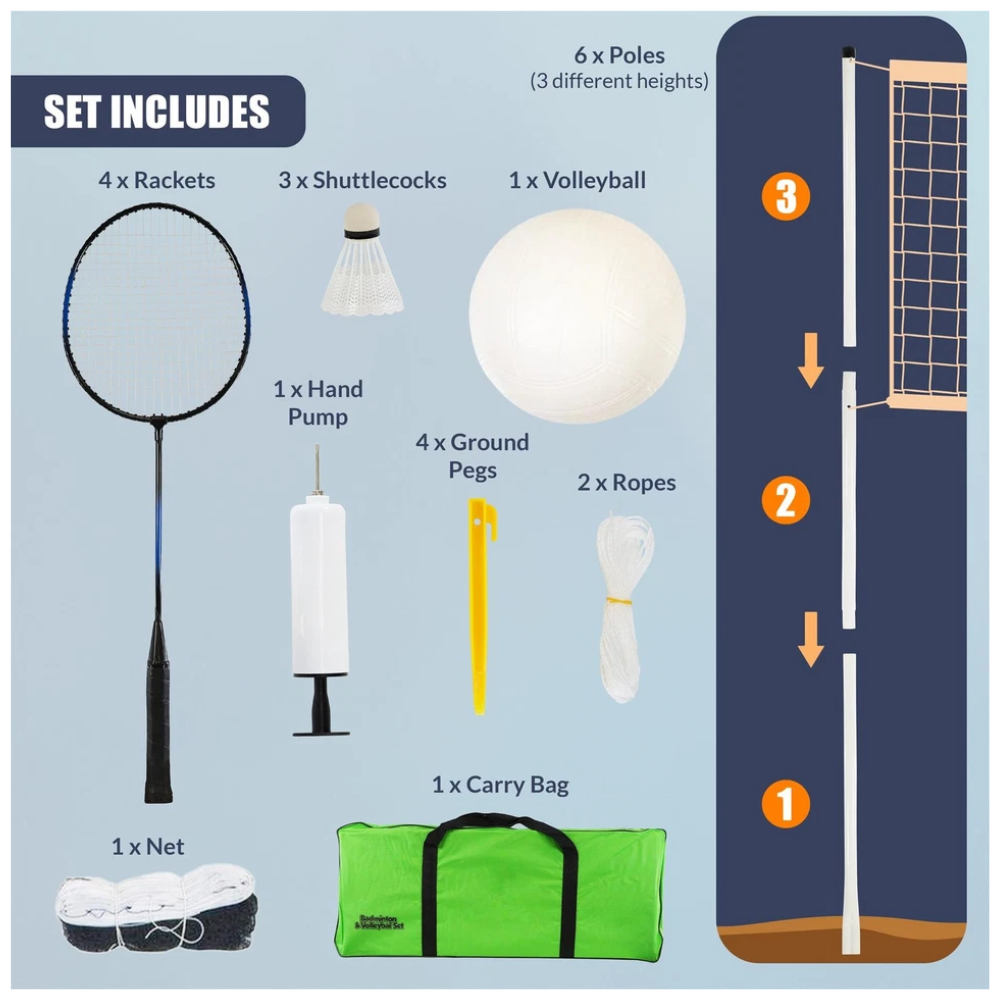 2-In-1 Badminton & Volleyball Set Net Rackets Ball Shuttlecocks Outdoor Garden Beach Sports