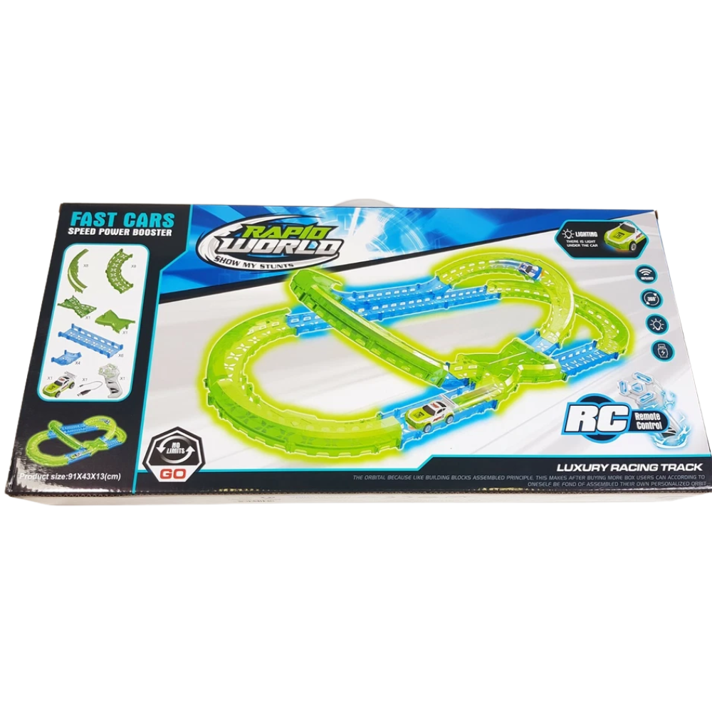 Glow in the Dark Stunt Race Track Set 31 Piece Rc Remote Control Car Kids Gift Toy Set
