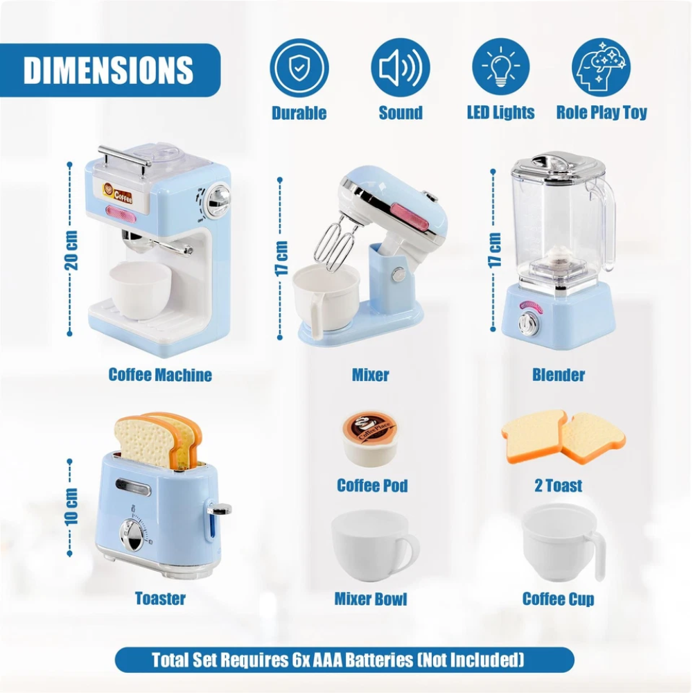 Kids Kitchen Appliances Toy Set Coffee Toaster Mixer Blender Pretend Play Food Blue Bundle
