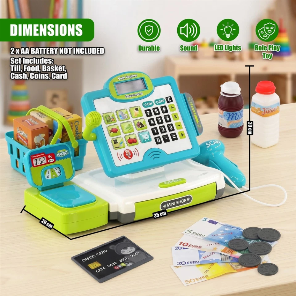 Kids Electronic Cash Register Toy with Lights & Sounds Supermarket Till & Play Food Set