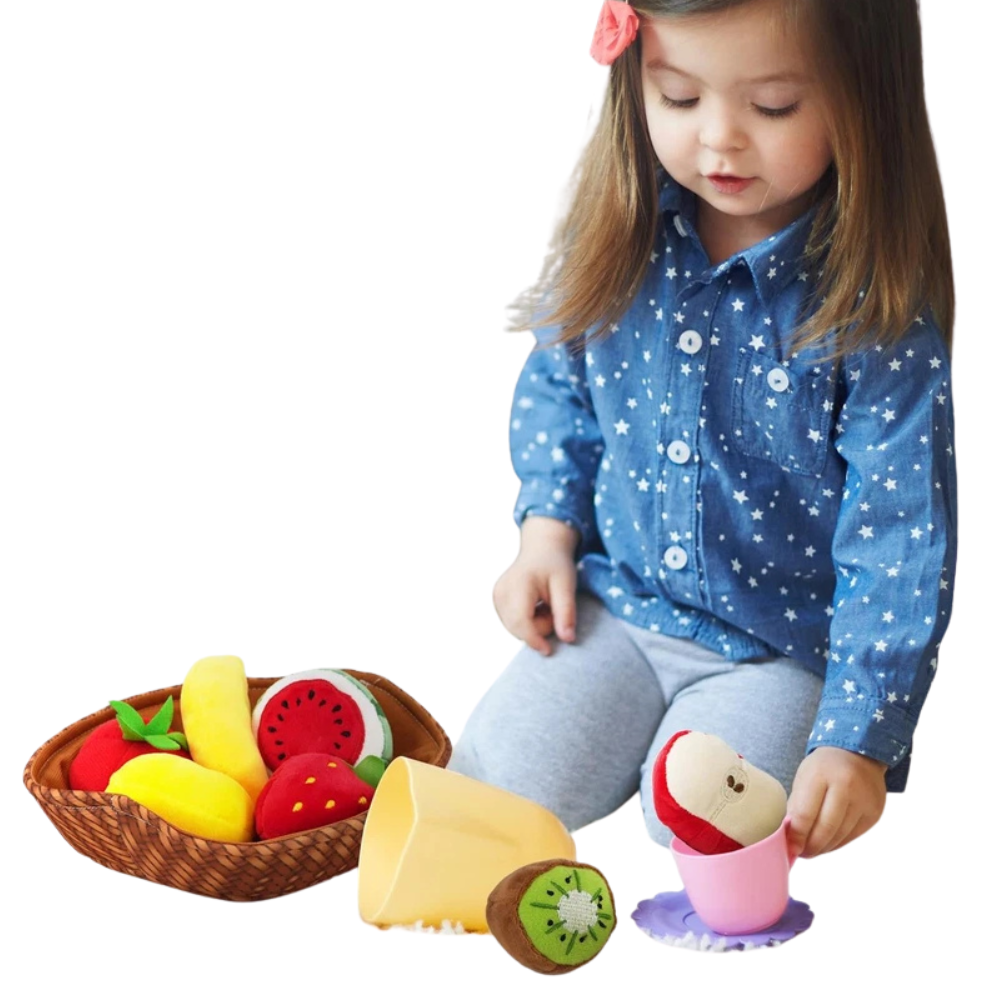 Fabric Fruit Basket Toy Set 8 Pcs Plush Pretend Play Food for Kids & Toddlers