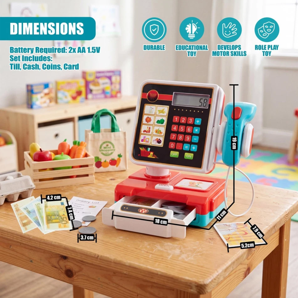 Kids Electronic Cash Register Toy with Lights & Sounds Supermarket Till & Money Set Red