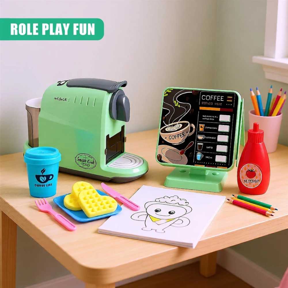 Kids Coffee Maker Roleplay Toy Set with Kitchen Machine Cash Register & Accessories