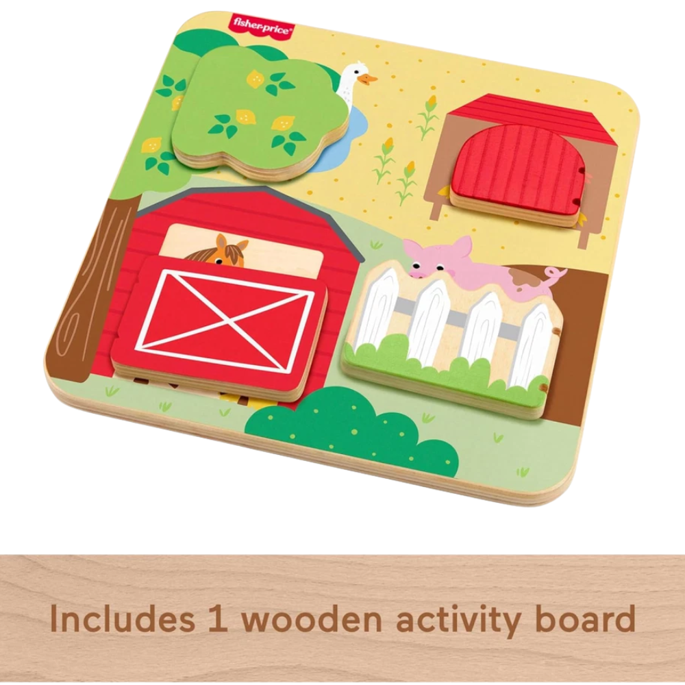 Fisher-Price Wooden Farm Animals Busy Board Peekaboo Activity Toy for Babies Ages 1+ Years
