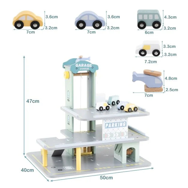 Wooden Toy Garage Playset with 3 Layers, 4 Cars, and Helicopter