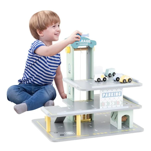 Wooden Toy Garage Playset with 3 Layers, 4 Cars, and Helicopter