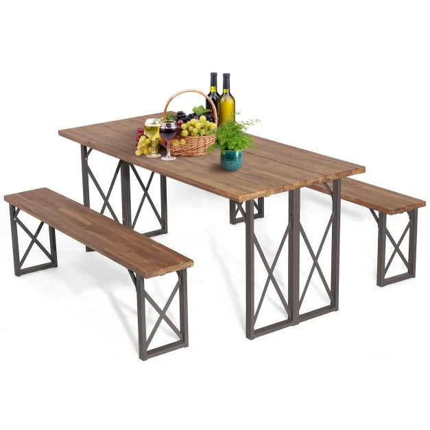 3-Piece Outdoor Acacia Wood Dining Set with Umbrella Hole