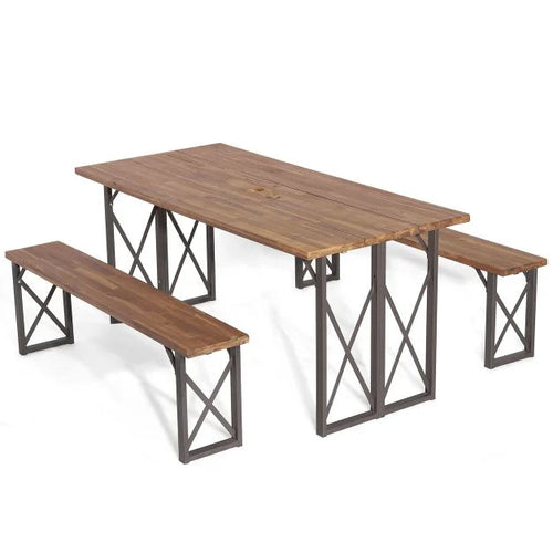 3-Piece Outdoor Acacia Wood Dining Set with Umbrella Hole