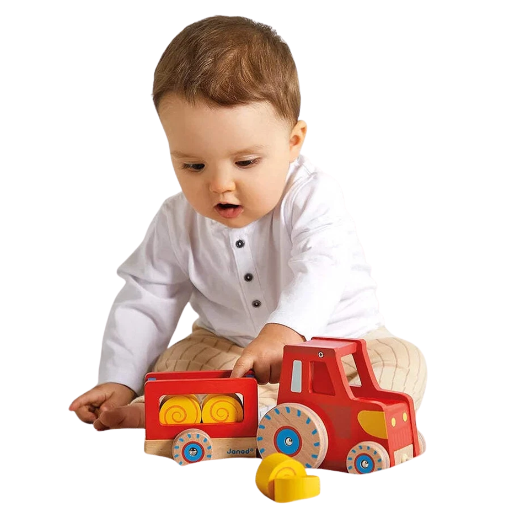 Janod Wooden Pull-Along Tractor Toy with Trailer and 6 Farm Accessories