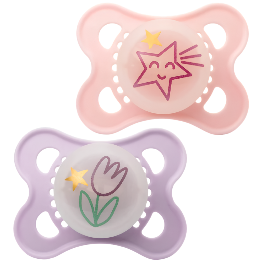 MAM Night Soothers 0-6 Months Twin Pack, Glow in the Dark Orthodontic Silicone Pacifiers