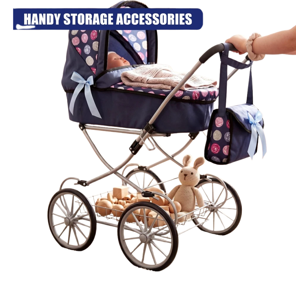 Bibi Doll Cambridge Baby Doll Pram Blue Pushchair with Carry Bag Basket Folding Frame 3+