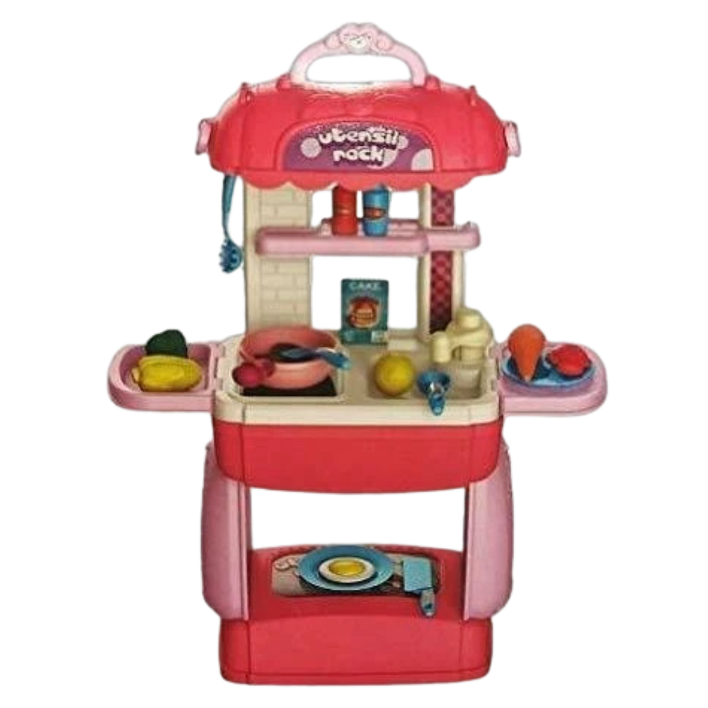 Kids Mobile Kitchen Playset 31PCS Pretend Cooking Toy Suitcase Carry Case Set