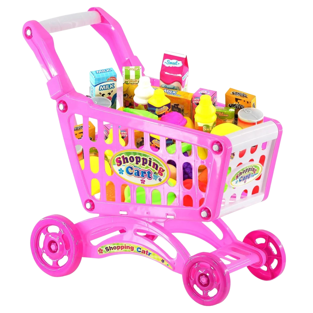 Kids Shopping Trolley Toy Cart with Pretend Food Set Push Along Shop Roleplay Game