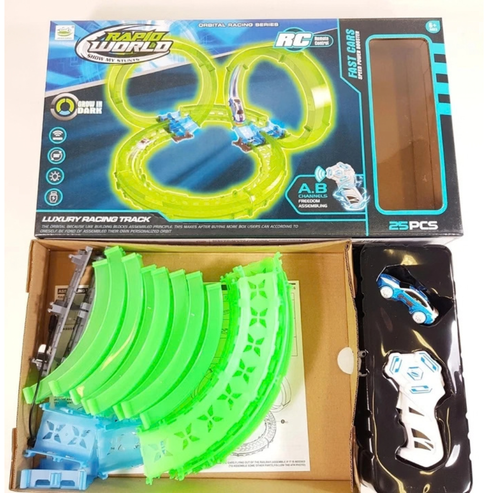 Glow in the Dark Stunt Loop Race Track Set 25 Pcs Rc Remote Control Car with Light Kids Toy 6+
