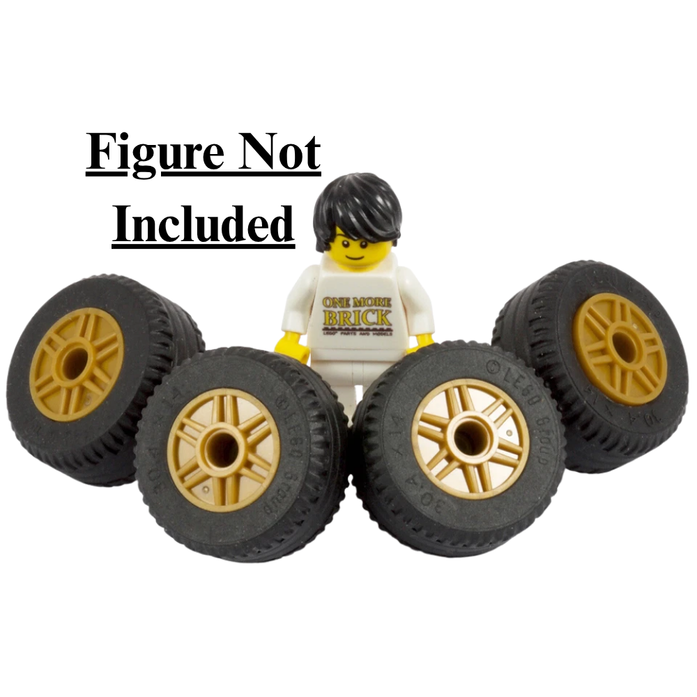 LEGO Large Gold Tires 4 Pack 3cm Wheels with Hubs Technic Pins Plates Genuine Parts