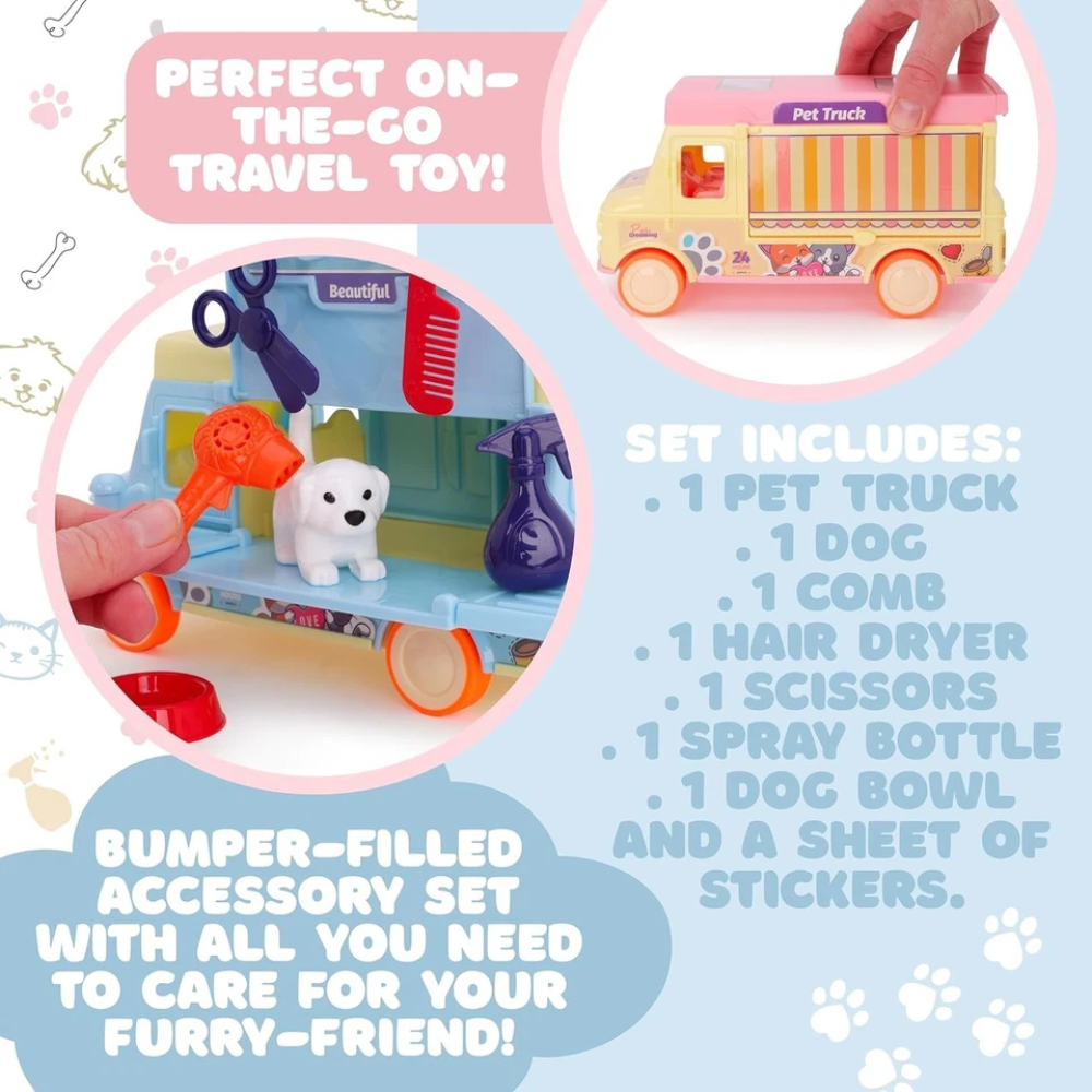 Toyland Purrfect Pets 8-Piece Mobile Dog Grooming Truck Playset Pretend Pet Care Toy Kids 3+