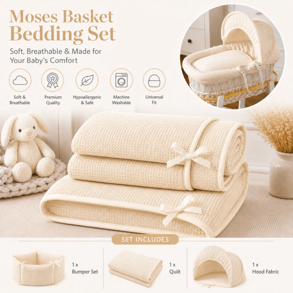 Moses Basket Bedding Set with Padded Liner Cream Waffle Soft Baby Nursery Bedding
