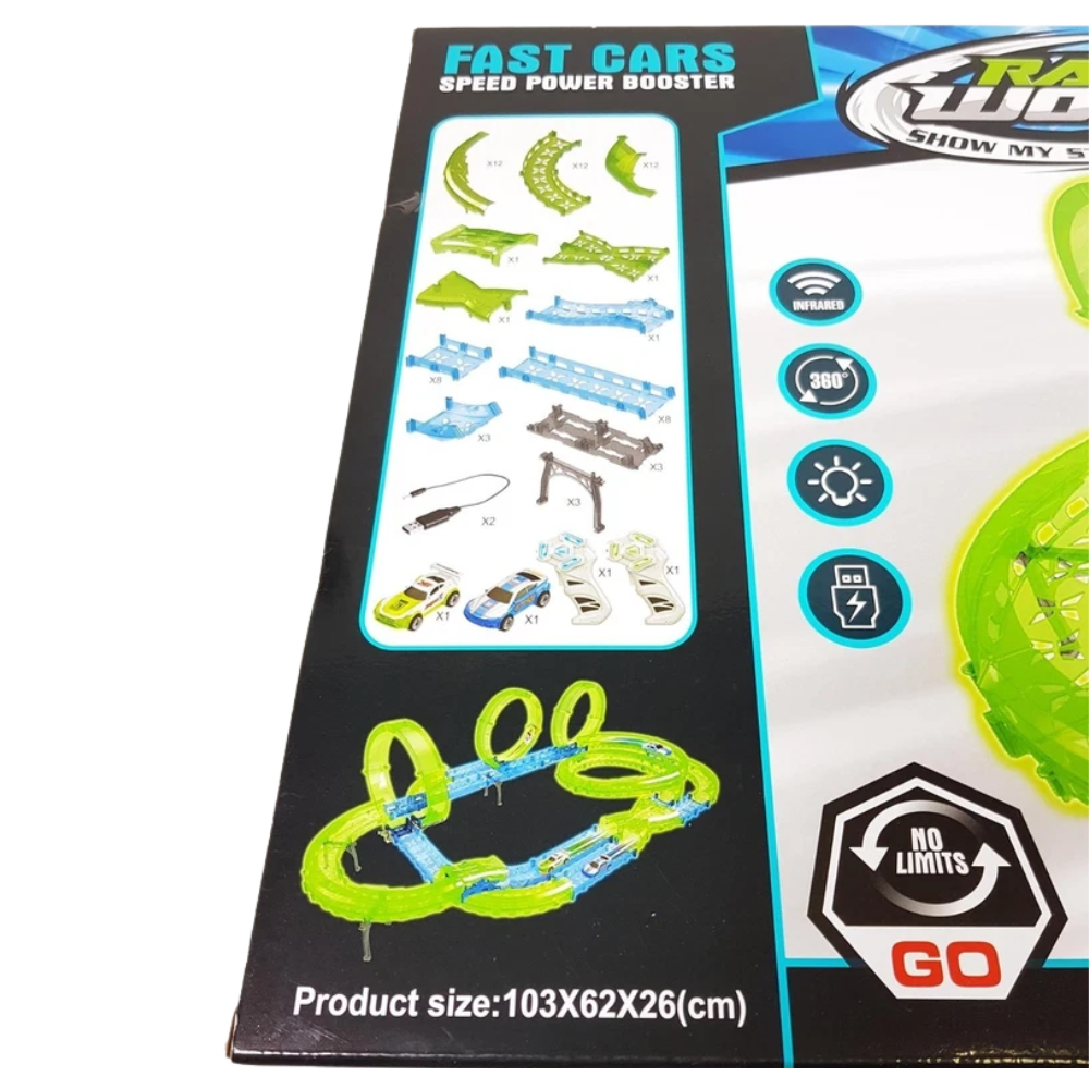 Glow in the Dark Racing Track Set 71pc 2 Player RC Cars Loops Stunts Kids 6+