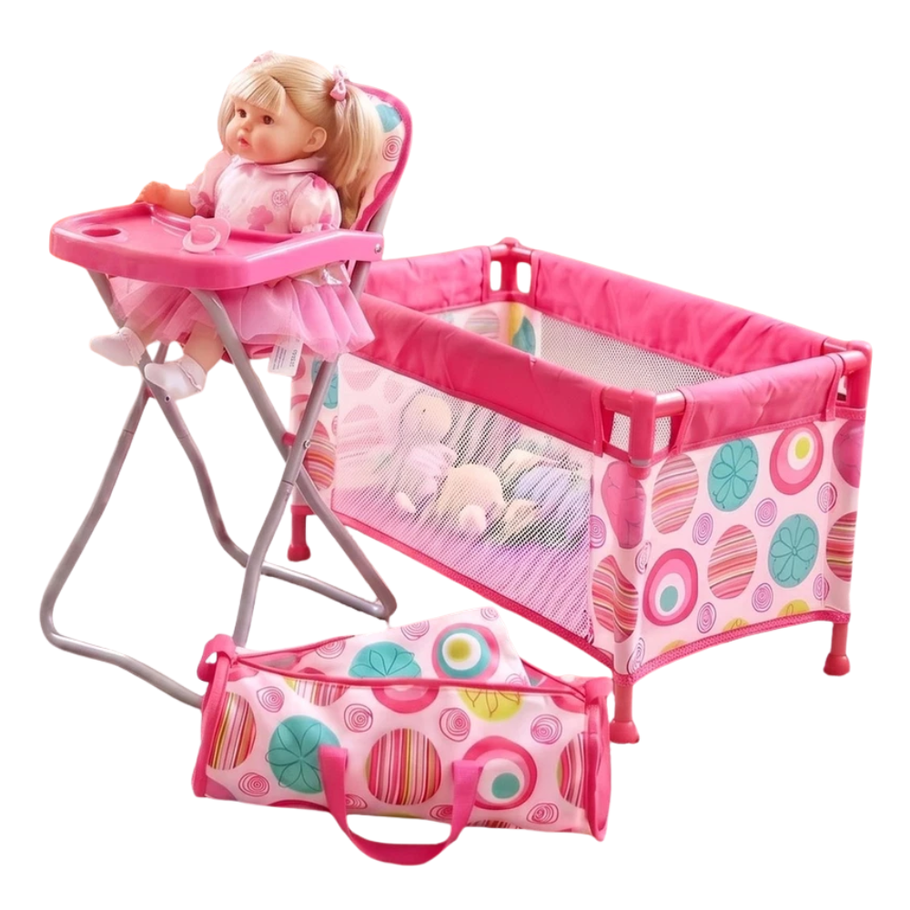 BiBi Doll Travel High Chair & Cot Set Carry Bag Bedding & Feeding Tray for Dolls
