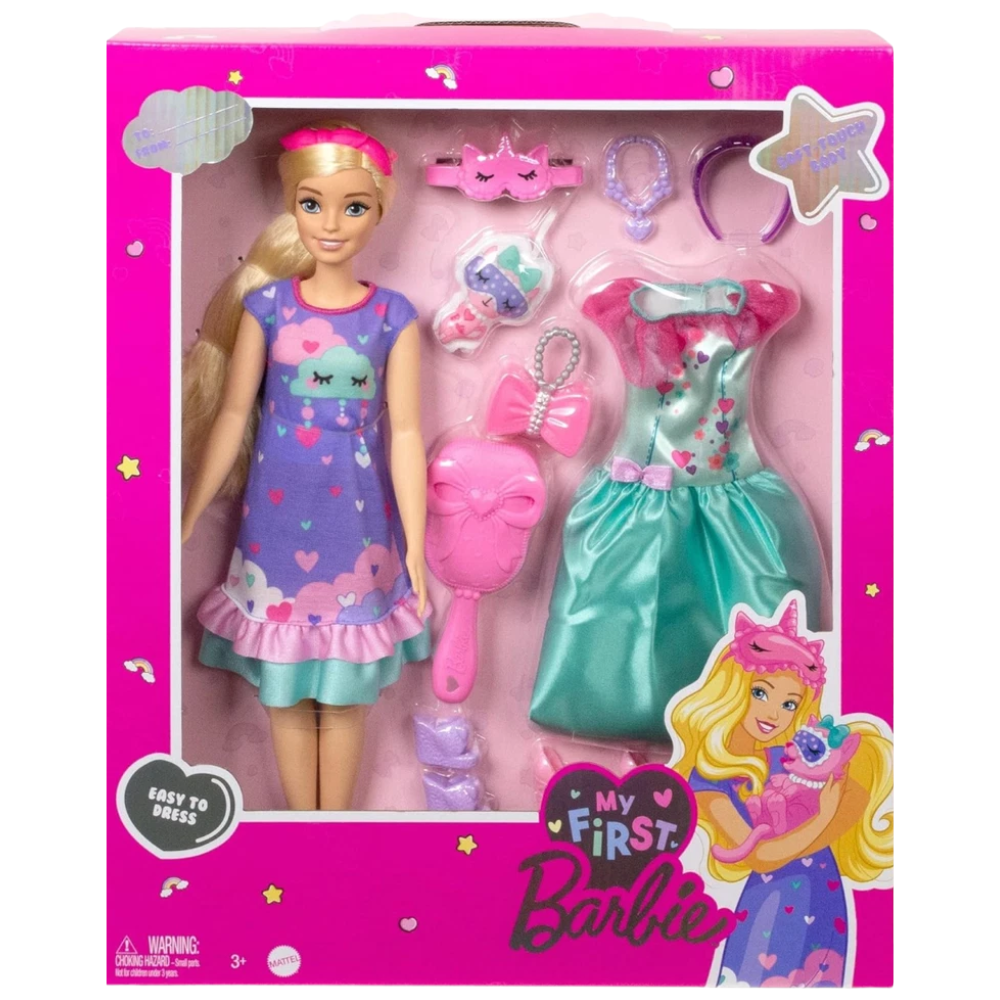 Barbie My First Barbie Cloud Dress Soft Touch Body Doll Accessories Kids Toy HMM66 New Set