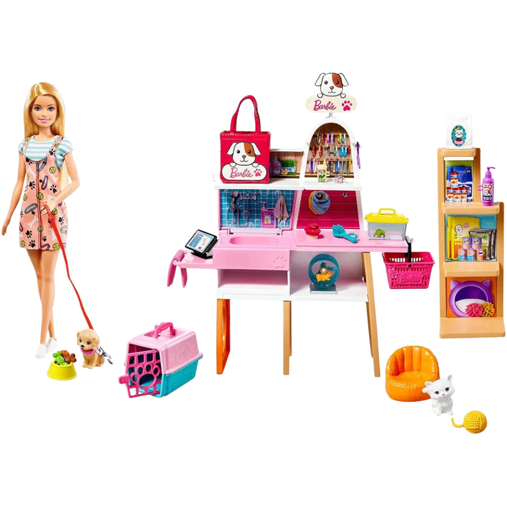 Barbie Pet Supply Store Doll with Puppy Kitten Costume 25-Piece Playset Mattel Kids Toy Set
