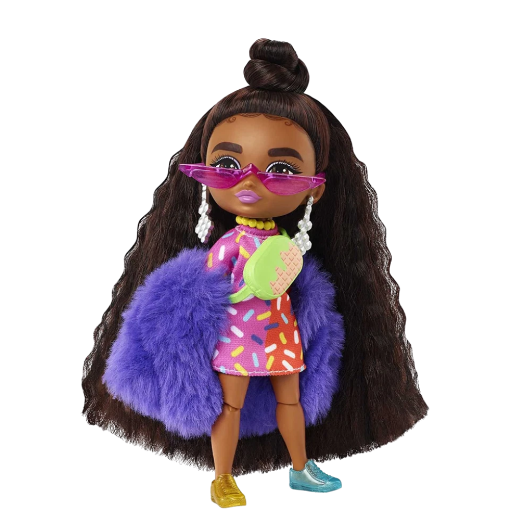 Barbie Extra Minis Doll 5.5in Sprinkle Dress Furry Purple Coat Accessories Fashion Toy 3+