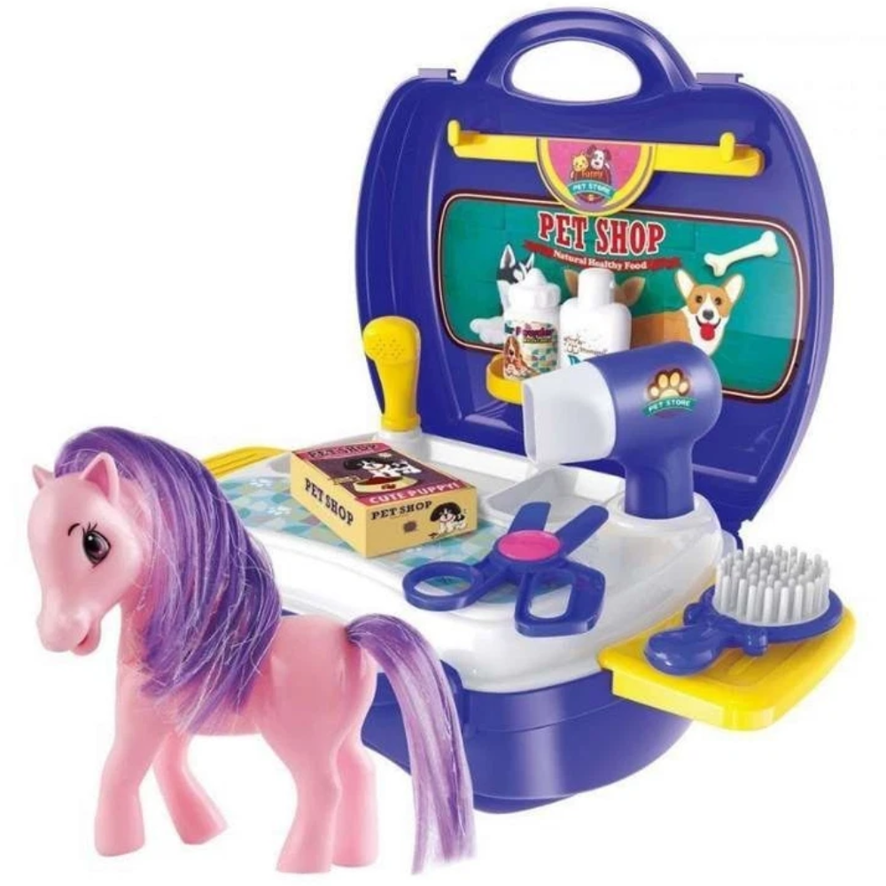 Kids Pony Grooming Play Set 16PCS Pet Salon Toy with Portable Suitcase for Children