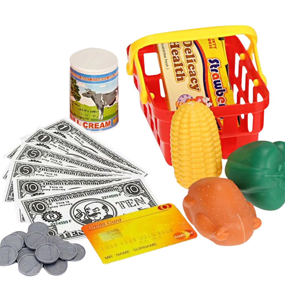 Kids Electronic Cash Register Toy Working Scanner Till Play Food Shopping Basket Lights Sounds
